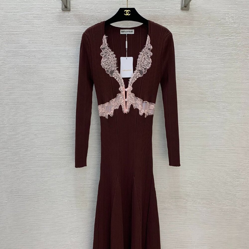 Self-Portrait lace-trimmed long knit dress